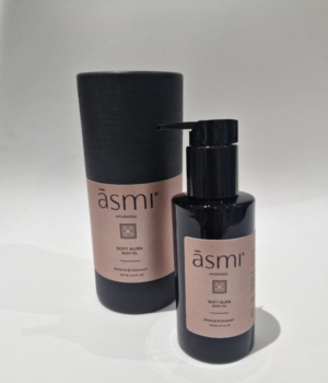 āsmi Ayurveda Soft Aura bodyolie met amandel en kokos, pompfles 100 ml met koker