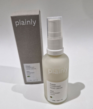 Plainly Hydraterende Handcrème Rozemarijn & Munt, flacon met pomp en verpakking